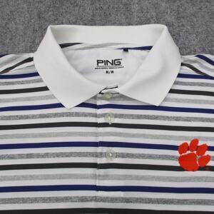 Clemson Tigers Shirt Mens Medium White Gray Striped Polo NCAA Football PING Golf
